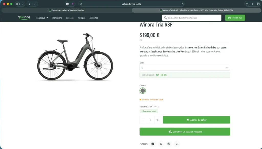 Formulaire de demande d'essai vélo en ligne : croisement catalogue + stock magasin