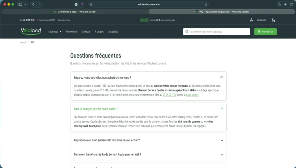 Page FAQ pour magasin de vélos sous PrestaShop : accordéon, JSON-LD, llms.txt