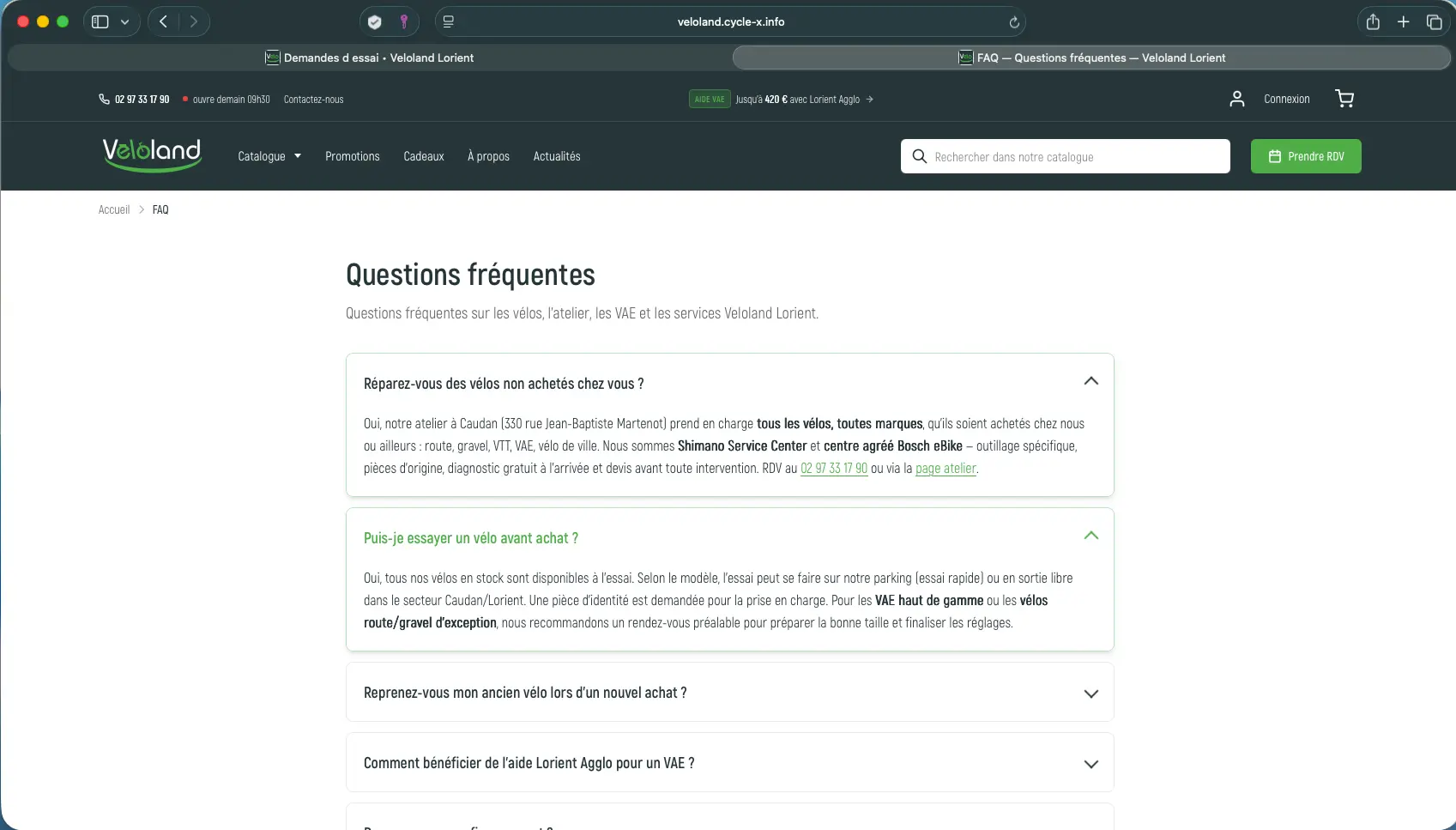 Page FAQ pour magasin de vélos sous PrestaShop : accordéon, JSON-LD, llms.txt