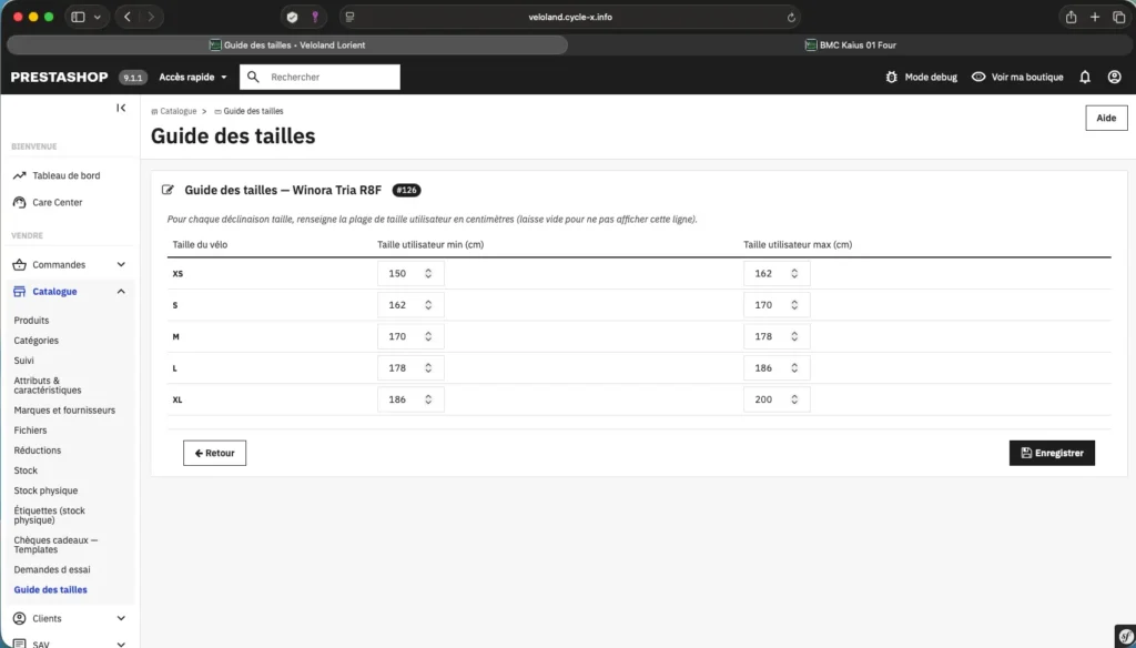 Guide des tailles vélo intégré aux fiches produit PrestaShop