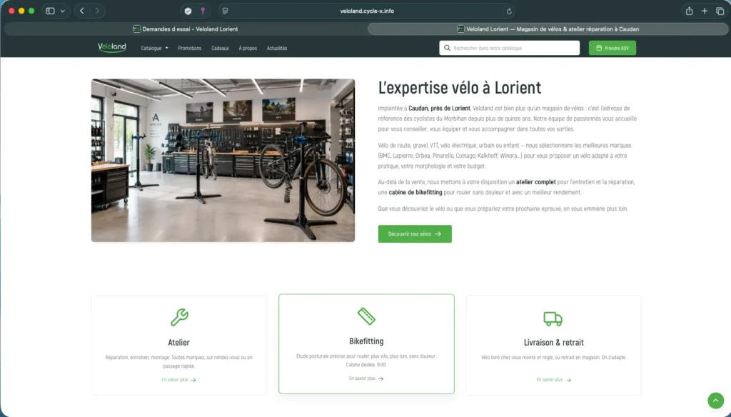 Blocs home dédiés à une boutique de vélos : hero et services au-dessus du fold