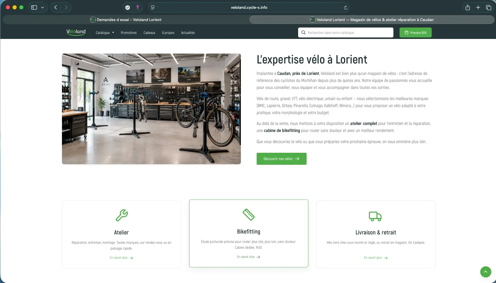 Blocs home dédiés à une boutique de vélos : hero et services au-dessus du fold