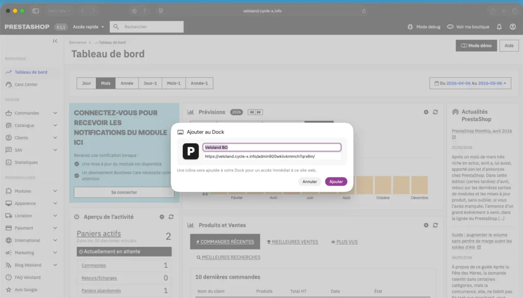 Installer le back-office PrestaShop comme application desktop (PWA)