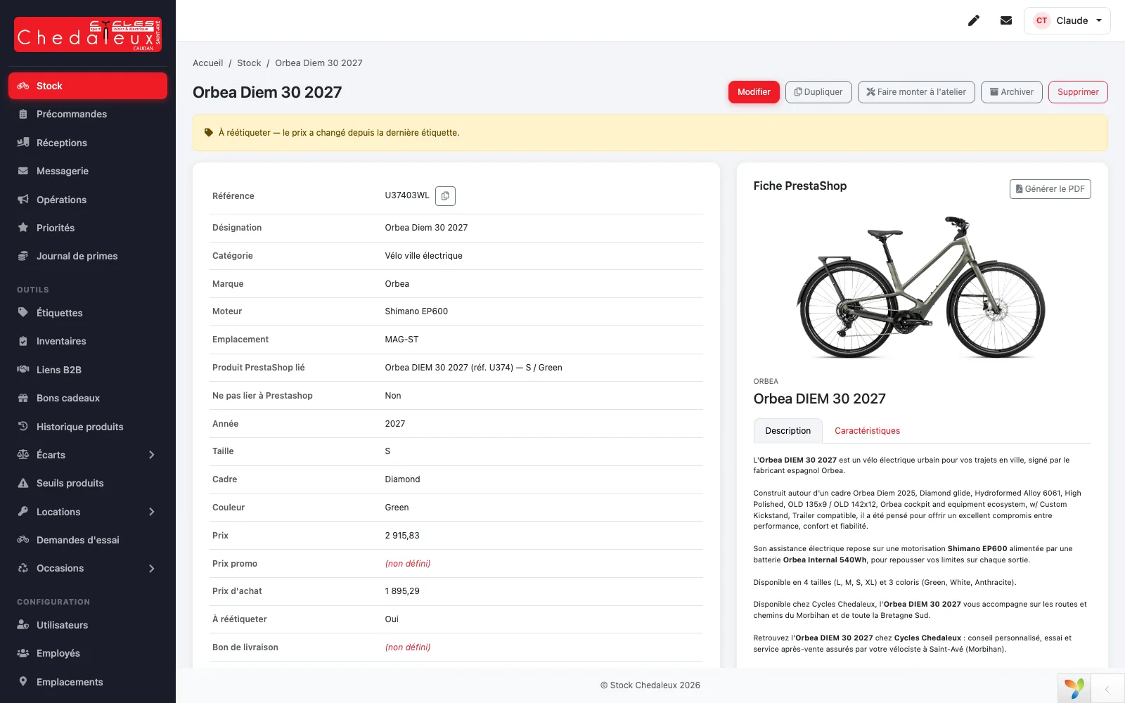 Fiche d'un produit en stock, avec sa fiche PrestaShop liée affichée en vis-à-vis
